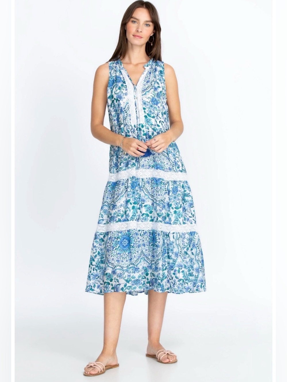 Johnny Was Aster Tiered Floral Print Dress with Tassels